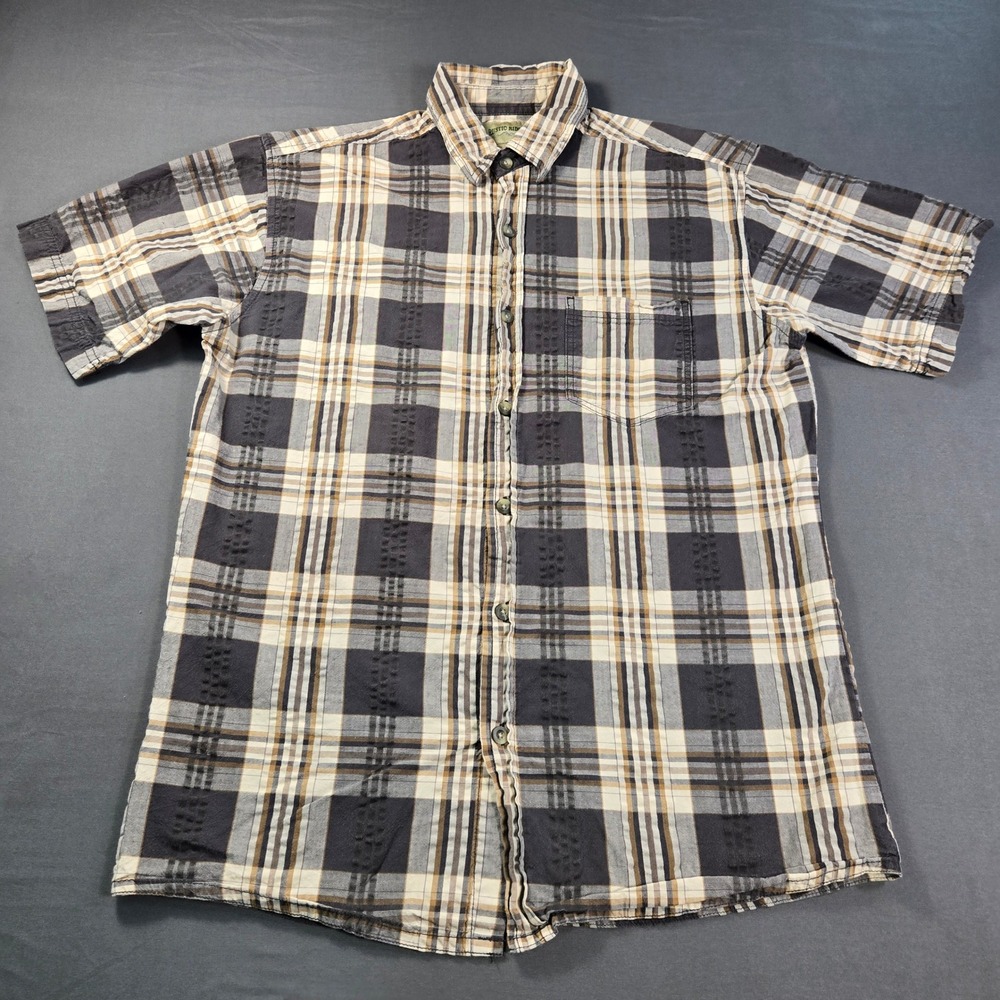 Rustic Ridge Men's Grey Tan Plaid Short Sleeve Cotton Button Down Shirt Size M